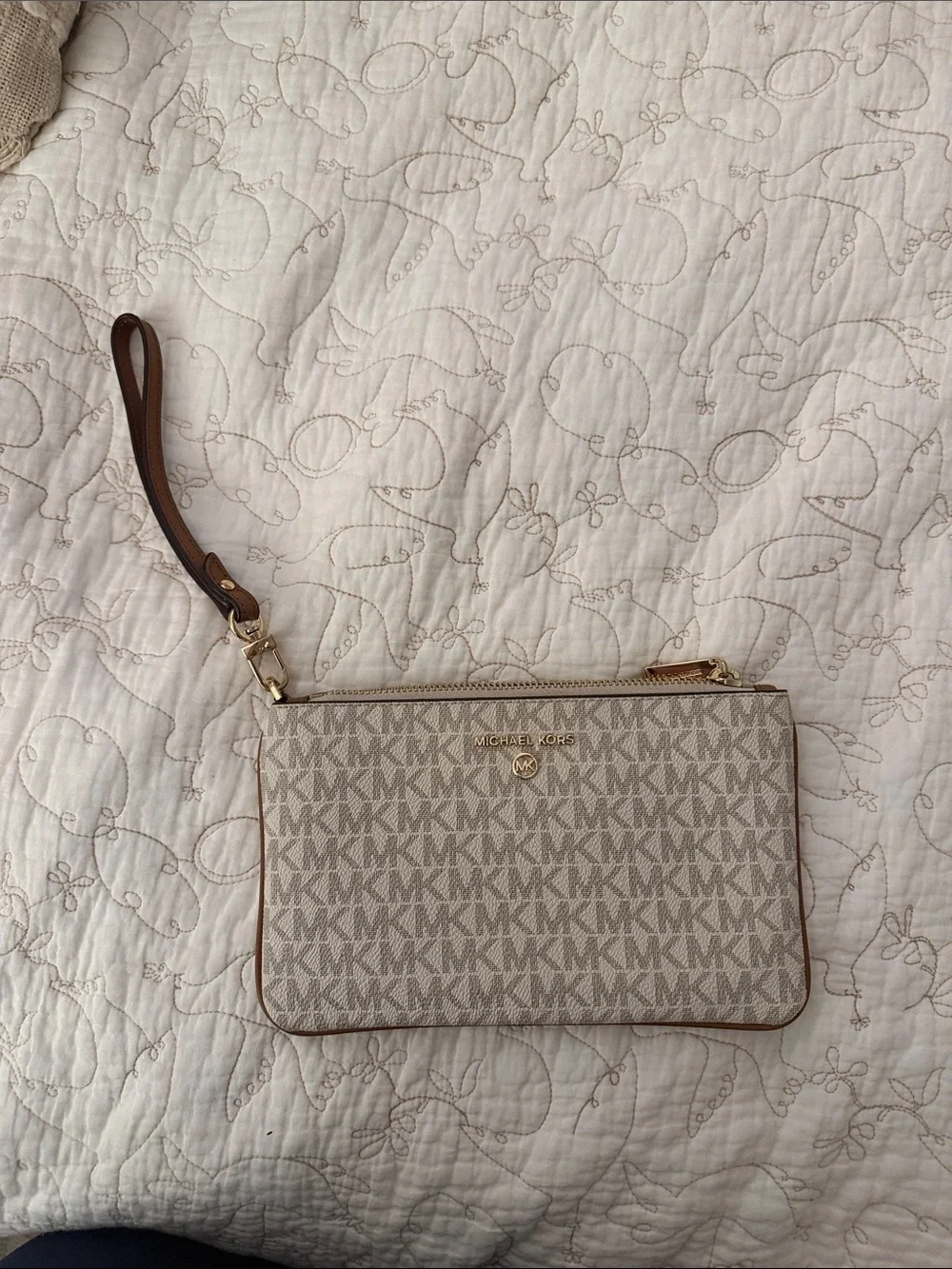 Michael Kors Signature Logo Wristlet in Beige and Brown
